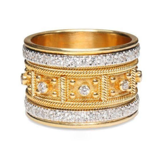 NEW 18K Yellow Gold Vintage Diamond Wide Ring - Picture 5 of 5